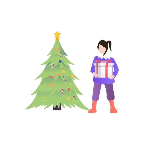 Mädchen Steht Neben Weihnachtsbaum Und Hält Geschenk Der Hand — Stockvektor