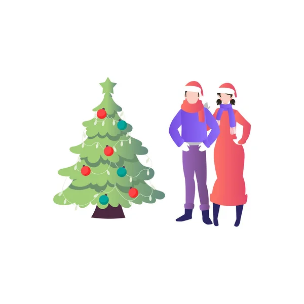 一对夫妇站在圣诞树旁 — 图库矢量图片