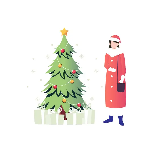 Das Mädchen Steht Weihnachtsbaum — Stockvektor