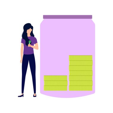 The girl is saving money in a jar.