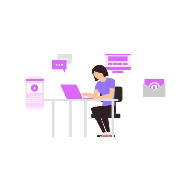 Kız internette masasında çalışıyor..