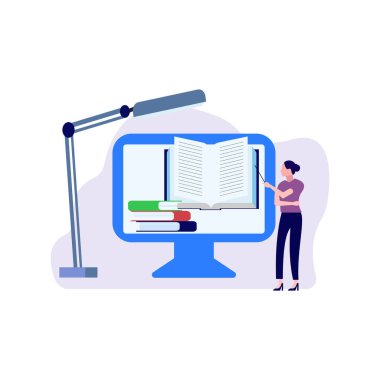 Kız online kitaptan ders veriyor..