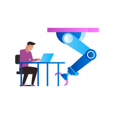 Masasında çalışan bir çocuk var..