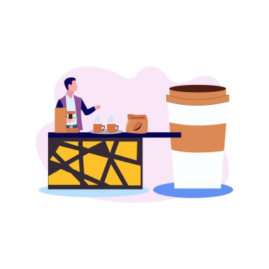 Çocuk kahve tezgahında duruyor..