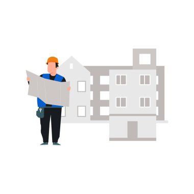 Bir işçi inşaat tasarımına bakar..