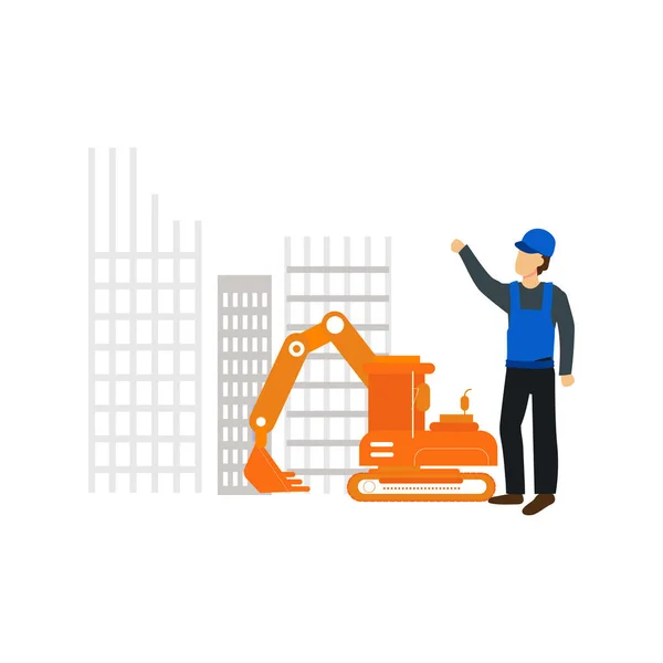 Worker Looking Construction Machine — Stock Vector