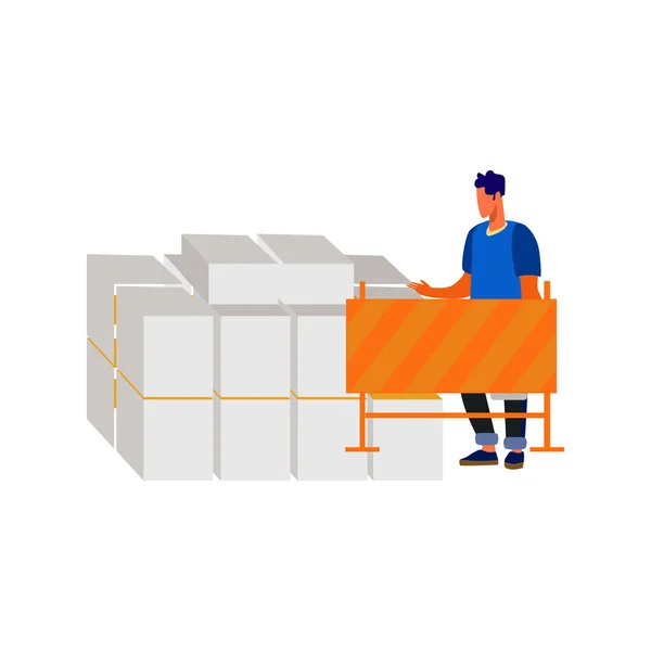 stock vector The boy put up a construction board.