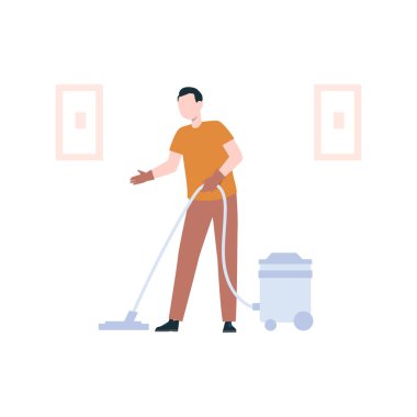 Çocuk elektrikli süpürgeyle yerleri temizliyor..