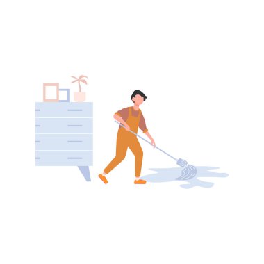 Bir çocuk paspasla yerleri temizliyor..