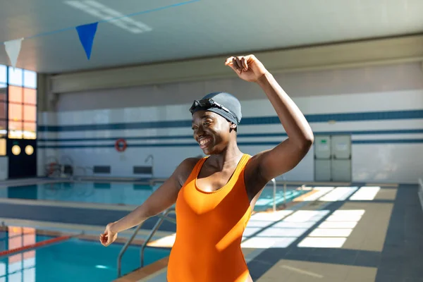 Black Young Woman Dancing Joyful Rhythm Heated Swimming Pool — Stock Photo, Image