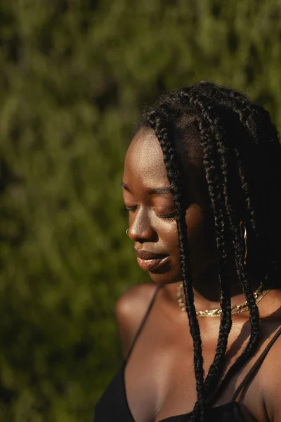 Porträt Einer Jungen Schwarzen Frau Mit Zöpfen Haar Die Den — Stockfoto