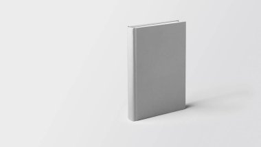 Hardcover kitap modeli, ayakta, sade arka planda izole edilmiş, grafik tasarımı için mükemmel, kopyalama alanı ile