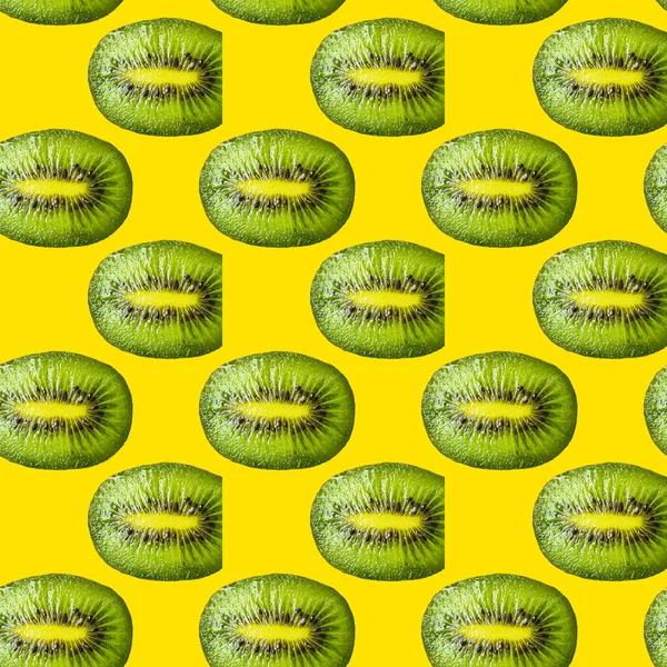 Seamless pattern with kiwi slices on a green background. Minimal isometric food texture. Use for boards, print on fabric, paper
