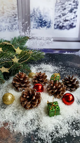 Χριστούγεννα Και Πρωτοχρονιά Εορταστικό Φόντο Κλαδιά Ελάτης Χριστουγεννιάτικο Δέντρο Χριστουγεννιάτικα — Φωτογραφία Αρχείου