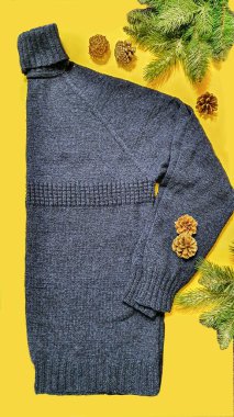 Knitted handmade items. Knitted fabric from colored thread. Bright background. copy space