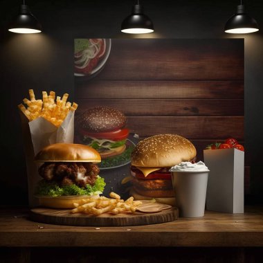 On the table is a large selection of products for takeaway or delivery. Hamburgers, pizza, drinks. Against the background of dark wood. copy space