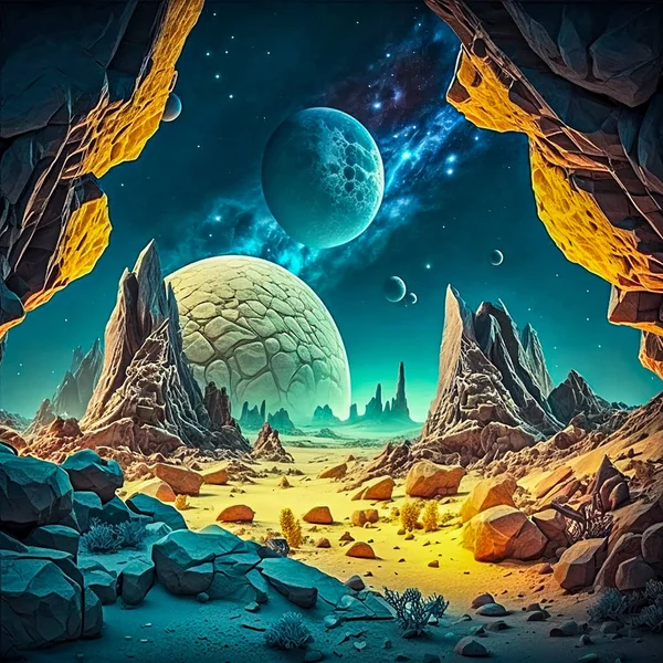 Fantasy landscape of another planet with rocks, flying stones. Outer space and planet surface illustration for computer game background. Generative AI Green tones