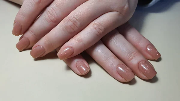 Extensão Acrílica Das Unhas Manicure Correção Das Unhas Mãos Primeiro — Fotografia de Stock