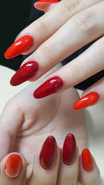 Manicure Nail Extension Acrylic Gel Design Made Red Gel Polishes — Stock Photo, Image