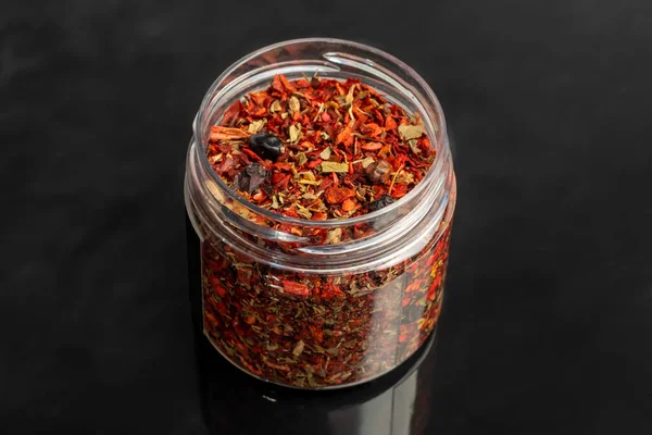 Variety Spices Dark Background Glass Bowl Enhancement Taste Copy Space — Stock Photo, Image