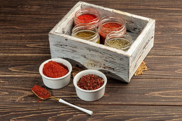 Set Spices Light Background Glass Bowl Enhancement Taste Copy Space — Stock Photo, Image