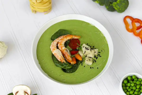 Seafood Soup Spinach Croutons Mushrooms Decorated Shrimps Copy Space — Stock Photo, Image