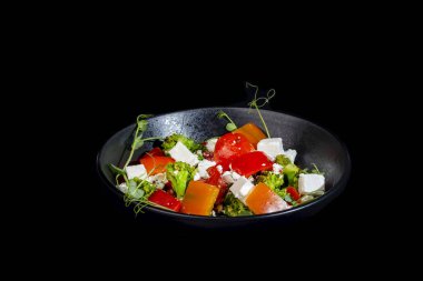 Tavuk ve sebzeli salata, domates, peynir ve sos. Izgara dolmalık biber. Boşluğu kopyala