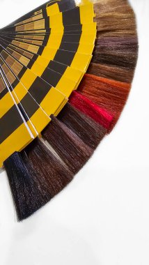 Beyaz arkaplandaki yapay iplikçiklerden yapılmış bir saç rengi paleti. Renk seçimi. Boşluğu kopyala