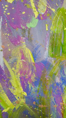 Beton bir duvarda parlak boya lekeleri. Renkli dekoratif aksanlar. Boşluğu kopyala