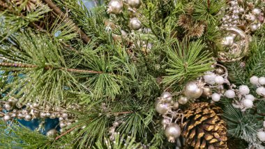 Noel ağacını Noel oyuncaklarıyla süslemiş. Noel atmosferi. Tatil kavramı