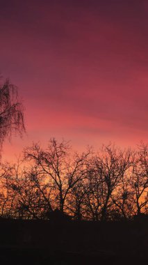 Kırmızı kırmızı ve turuncu akşam gökyüzü şehrin üzerinde. Ateşli günbatımıyla soğuk kış akşamı. Boşluğu kopyala