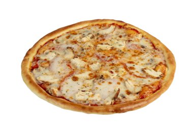 Pastırmalı, peynirli, otlu ve kirazlı domatesli pizza. Mozarellalı, beyaz arka planda karidesler. İzole et