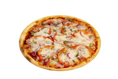 Pastırmalı, peynirli, otlu ve kirazlı domatesli pizza. Mozarellalı, beyaz arka planda karidesler. İzole et