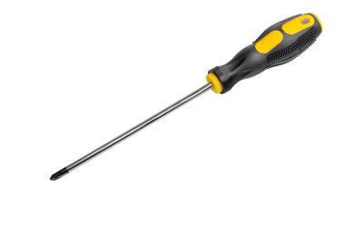 Renkli lastik saplı tornavida beyaz arka planda izole edilmiş. Tamir aleti. Elektrikçi koruması