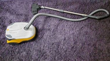 Odayı temizledikten sonra leylak bir halının üzerindeki elektrikli süpürge. Uzun hortum, ıslak temizlik. Toz toplayıcı.
