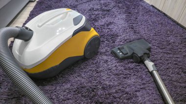 Odayı temizledikten sonra leylak bir halının üzerindeki elektrikli süpürge. Uzun hortum, ıslak temizlik. Toz toplayıcı.