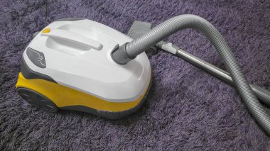 Odayı temizledikten sonra leylak bir halının üzerindeki elektrikli süpürge. Uzun hortum, ıslak temizlik. Toz toplayıcı.