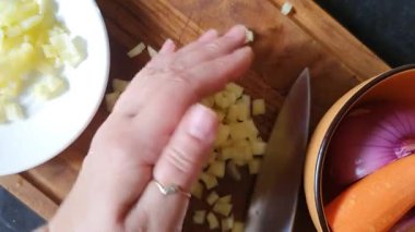 Patlıcan, biber ve soğan güveci pişirmek için sebze doğrama ve kızartma. Adım adım aşçılık talimatları. Ev yemeği..