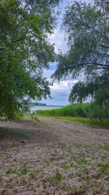 Yeşil ağaçlar, yansımalar ve mavi gökyüzü ile resmedilmeye değer bir yaz nehri manzarası - dinlenme ve turizm için bir yer. Doğada turist eğlencesi.