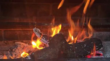 Şenlik ateşi, ocakta pişirmek için yanan odun ateşiyle birlikte. Barbekü pişirme eti. Bulanık arkaplan.