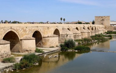 Cordoba İspanya 'daki Roma Köprüsü veya Puente Romano' da turistlerle meşgul