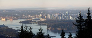 Vancouver şehir merkezi manzaralı, sabah puslu.