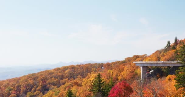 青い尾根山脈を見下ろす高架道路と山の中腹に4K秋の紅葉 鮮やかでカラフルな木々と秋の風景 ブルーリッジ パークウェイ アメリカ合衆国ノースカロライナ州の公園 タイトなパンニングショット — ストック動画