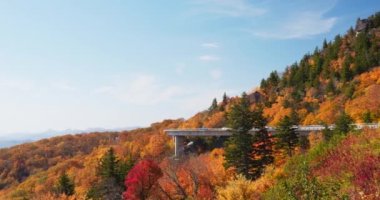 Colorful Fall Autumn mountains and trees with cars driving on elevated road. Blue Ridge Parkway. Wide shot with slow camera pan. High quality 4K footage, REC709 ACES