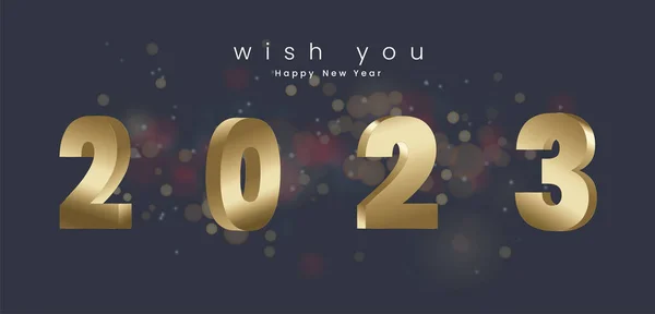 祝2023年新年快乐 金光闪闪的3D字母设计 深色Bokeh光影背景 — 图库矢量图片