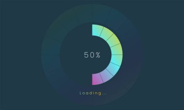 % 50 yükleme kullanıcı arayüzü, Bir Futuristik yükleme simgesi, renkli tap menüsü UI, İndirme işlemi için kullan, web tasarım şablonu, arayüz yükleme tasarımı.