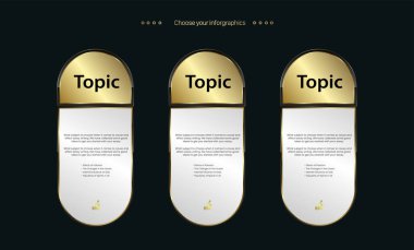 3 adet lüks çerçeve altın bilgi düğmesi, metin kutusu bilgi tasarım şablonları, vektör ve illüstrasyon için 3 adet altın ödüllü pankart.