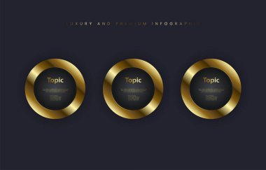 Lükslü Altın Çok Amaçlı Infographic tasarım şablonu, üç seçenekle ve koyu arkaplan üzerinde 3 altın vektör ve illüstrasyonla altın versiyonu.