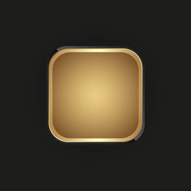 Altın ve premium daire düğmesi, siyah arkaplanda lüks dikdörtgen pankart, dikdörtgen altın çerçeve çizim tasarımı içinde altın bir düğme.