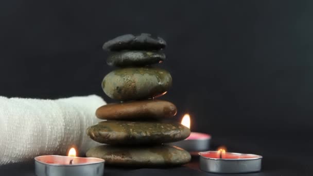 Two Burning Wax Candles Small Stones Dark Use Relaxing Time — Vídeos de Stock